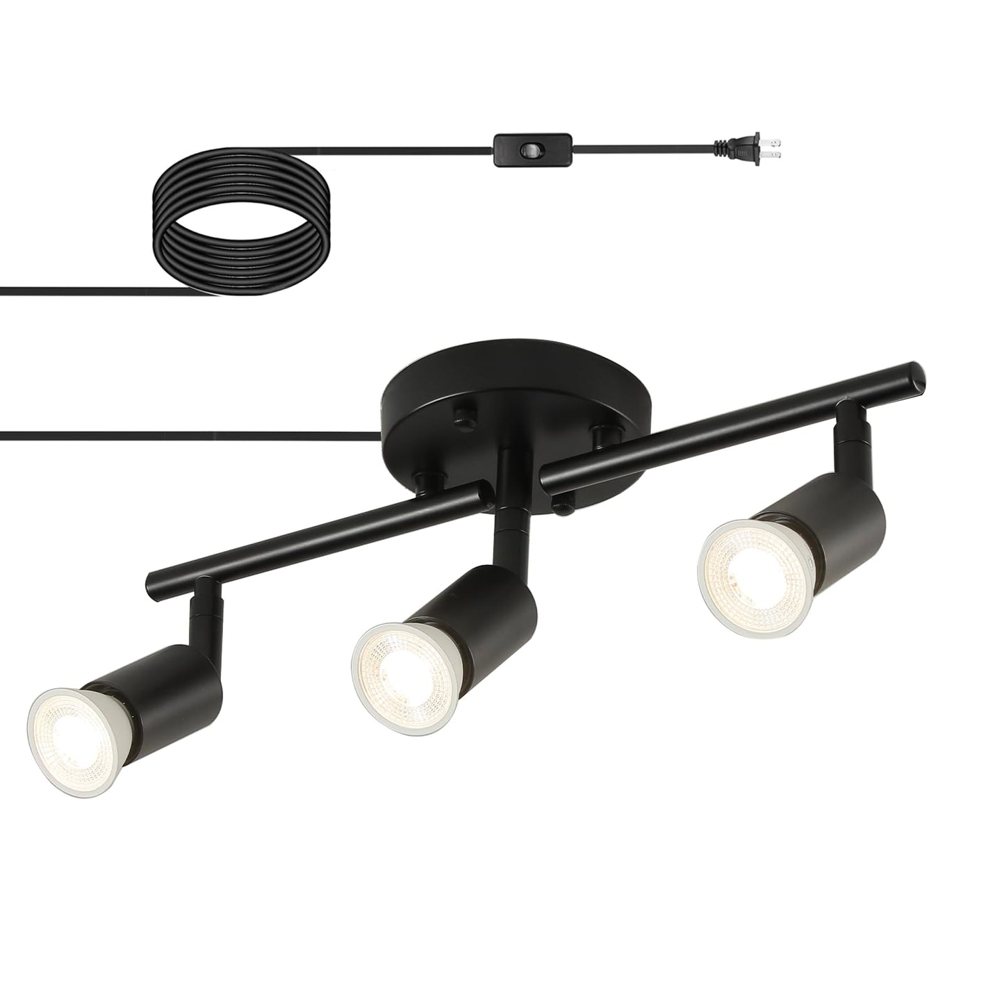 Vivihobb Plug In Track Light Black 3 Light Plug In Ceiling Lighting Fixture With 16.4 Long Cord 4 Way Ceiling Spotlight Rotatable Wall Mount Light Head Bulbs Not Included