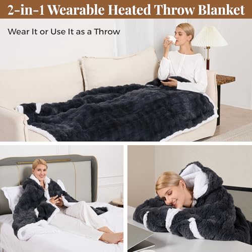 Wearable Heated Blanket Hoodie, Luxury Faux Fur & Sherpa Electric Throw Blanket, Heated Shawl Wraps Poncho with Pockets fo...