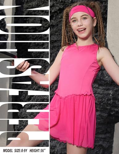 Perfashion Girls Tennis Dress Athletic Golf Outfit Ballet Cross-Back& Mesh Scalloped Hem with Built-in Shorts 4-13Y