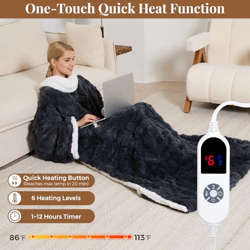 Wearable Heated Blanket, Luxury Faux Fur & Sherpa Electric Throw Blanket with Sleeves, Foot Pockets, Heated Robe for Women...