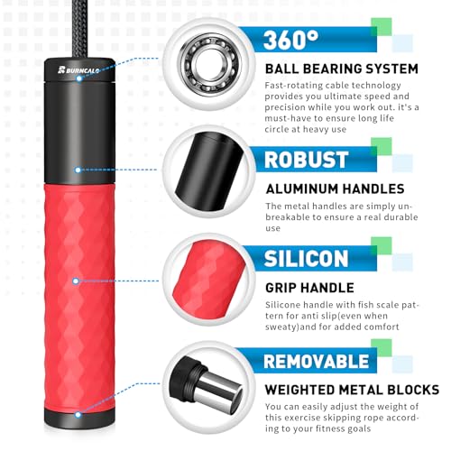 BURNCALO Weighted Jump Rope for Men, Women (1.5LB) - Alloy Steel Handles, Speed Skipping Rope, Gym,Indoor/Outdoor - Fitnes...