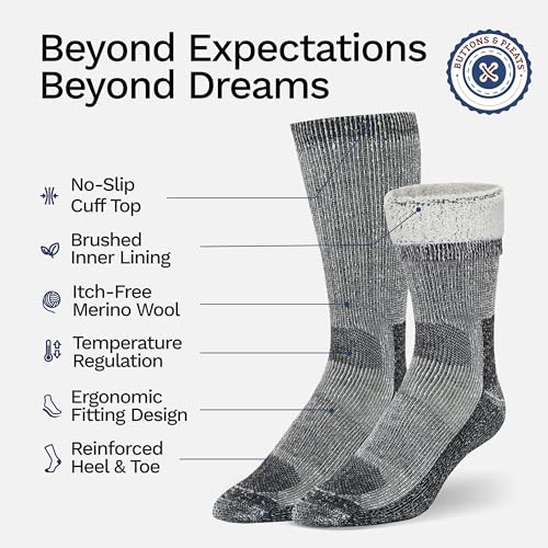 Buttons & Pleats Wool Socks for Men & Women Merino Thermal Warm Cozy Winter Boot Sock