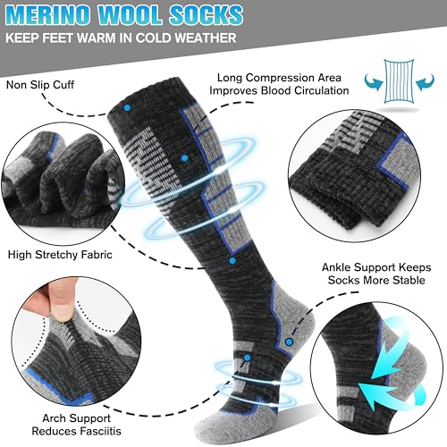 Anlisim 3 Pairs Unisex Merino Wool Ski Thermal Warm Thick Knee High Long Socks