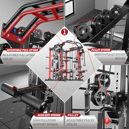 Smith Machine with Cable Crossover System, Multi-Function Squat Rack Power Cage for Home Gym, Power Rack and Packages Weig...
