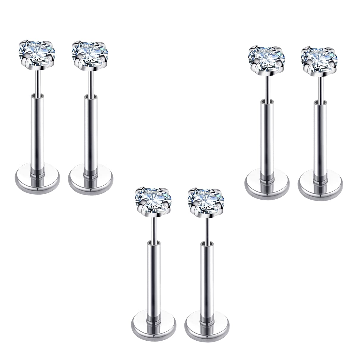 COTATI 20G Flat Back Earrings Stud Threadless Tragus Cartilage Lip Medusa Piercing Jewelry Hypoallergenic (Silver,20G 3/3/3mm CZ