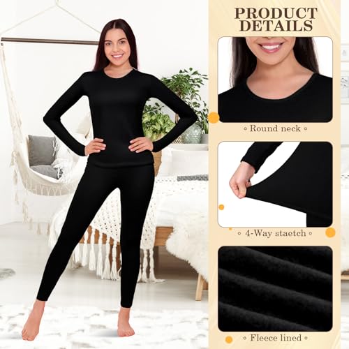 Patelai 2 Set Thermal Underwear Warm Fleece Lined Thermal Leggings and Womens Thermal Tops Base Layer for Winter Cold Weather