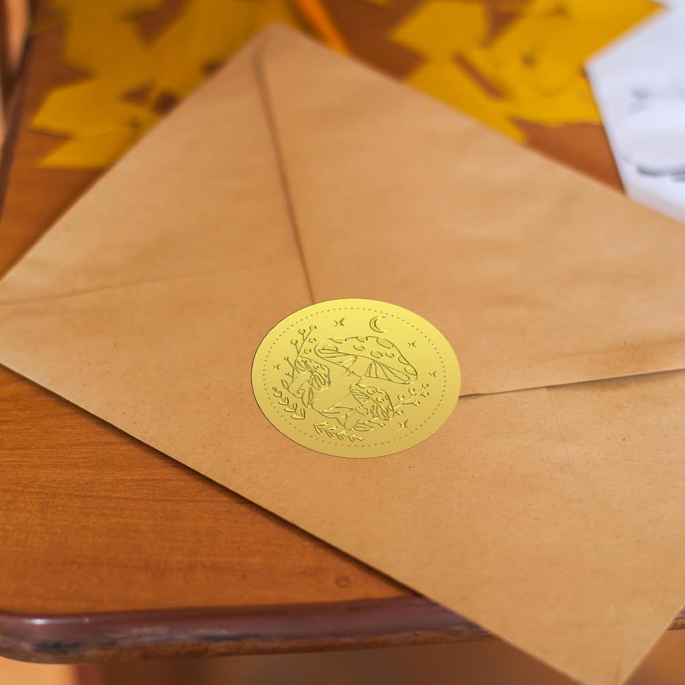Peacoblue Gold Foil Sticker Seal Embossed 2 Inch 100Pcs Mushroom and Moon, Self Adhesive Gold Around Embossing Sticker for Invitation Certificate Envelope Seal Gift Card Decoration