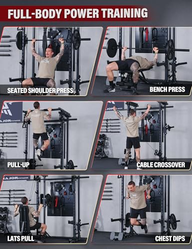 MAJOR FITNESS Drone3 Smith Machine, 2500lbs All-in-One Home Gym Power Rack with Dual Pulley System for Cable Crossover, Pu...