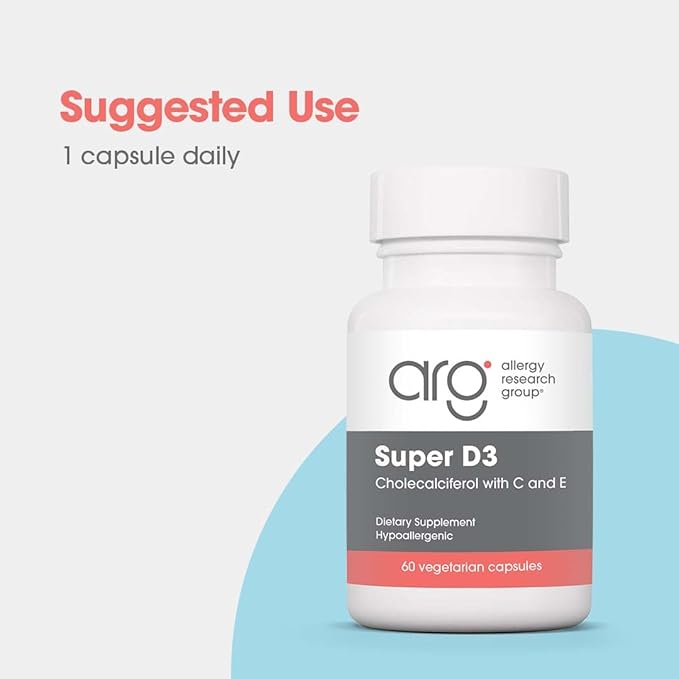 Allergy Research Group Super D3 Dietary Supplement - Bone & Immune Support, Cholecalciferol with C & E, Vegetarian Capsules, Gluten Free - 60 Count