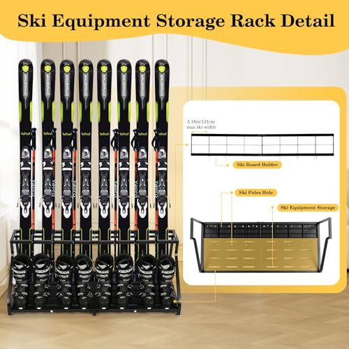 SILKPE Freestanding Snowboard Ski Storage Rack – Inclined Design, No Tipping Over, for 8 Pairs Ski, 4 Pairs Ski Boots, 2 H...