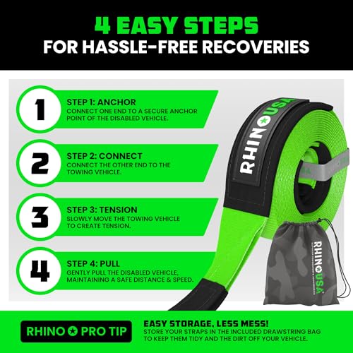 Rhino USA Recovery Tow Strap (3" x 20') - 31,518lb Break Strength - Emergency Recovery Strap Tow Rope for Truck, UTV, ATV...