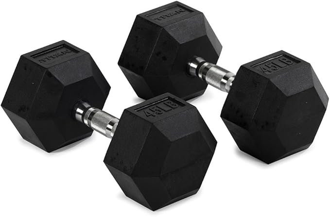 Titan Fitness Pair Rubber Coated Hex Dumbbells, Roll-Resistant Hexagonal Free Weights, Chrome-Coated Handles with Knurlin...