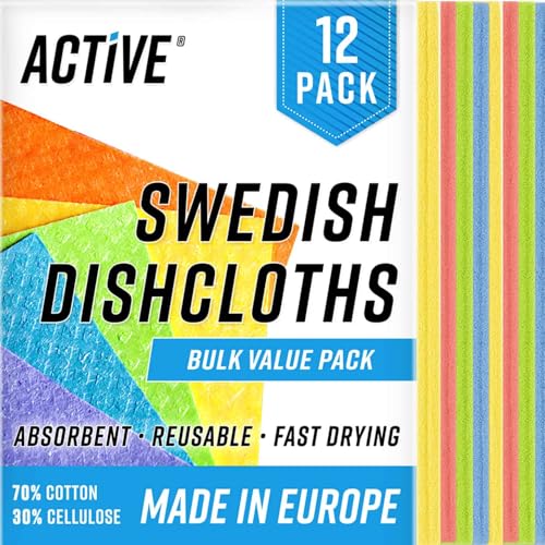 ACTIVE Swedish Dish Cloths for Kitchen 12 Pack Cellulose Sponge Cloth, Washable Dishcloths for Washing Dishes, Original Eu...