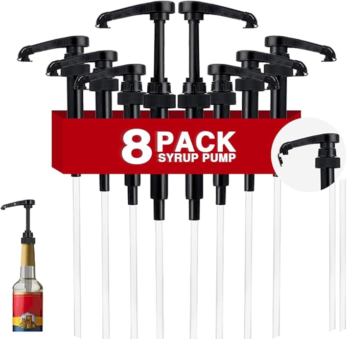 8 pcs Black Syrup Pumps with Cap to Avoid Dripping, Leak Proof Coffee Syrup Dispenser, Fits 25.4 Oz Coffee Flavoring Syrup Bottles, Great for Home & Coffee Bar Drinking Mixes, Cocktails, Beverage