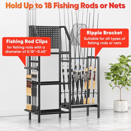 POKIPO Fishing Rod Holders for Garage,Fishing Rod Rack Storage up to 18 Rods,3 Tier Adjust Heavy Duty Metal Fish Pole Stan...
