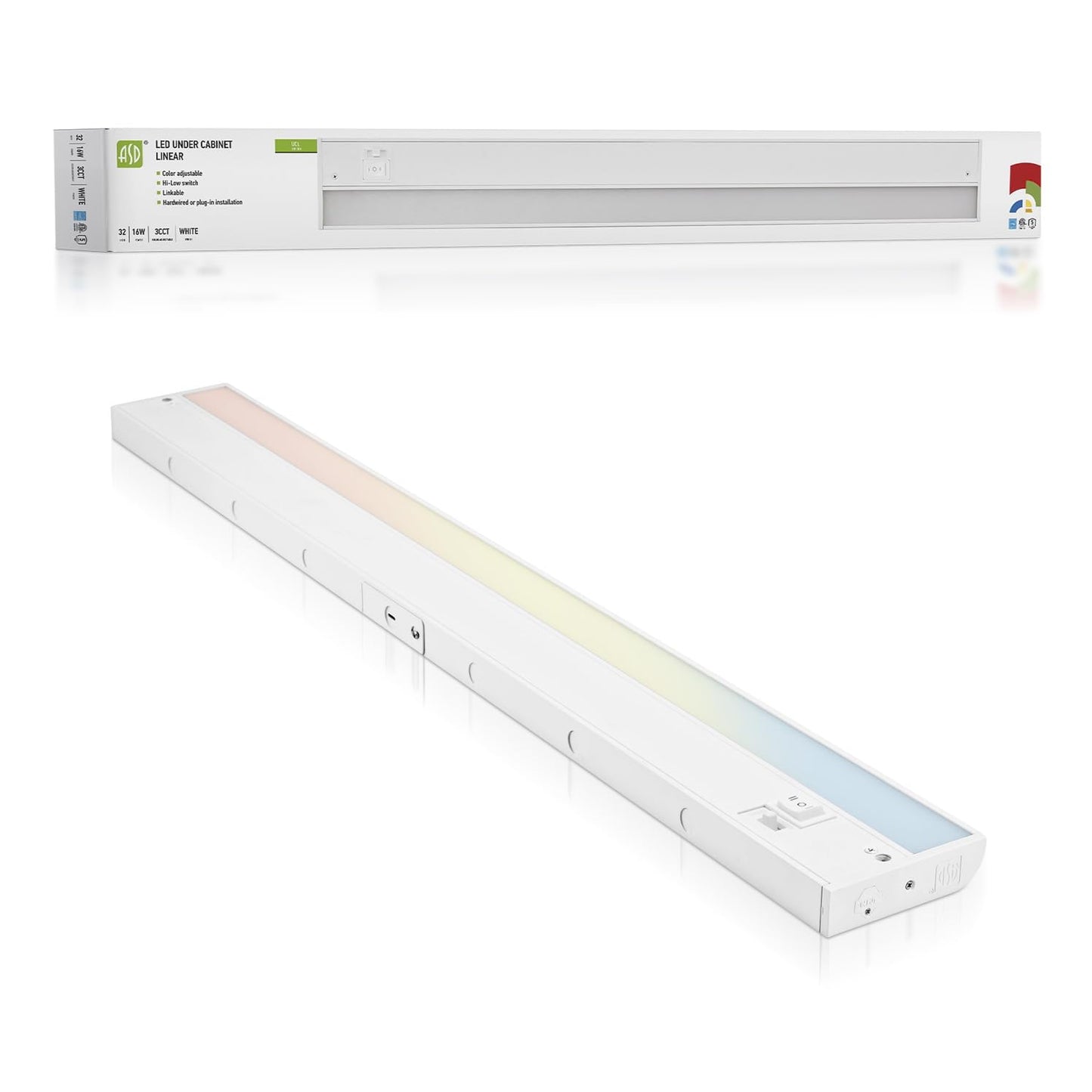 Asd Led Under Cabinet Lighting 32 Inch, Dimmable, Hardwired/Plug-In, 3 Color Levels, Aluminum, White Finish, Model Asd-Ucl-32D16Cc-Wh