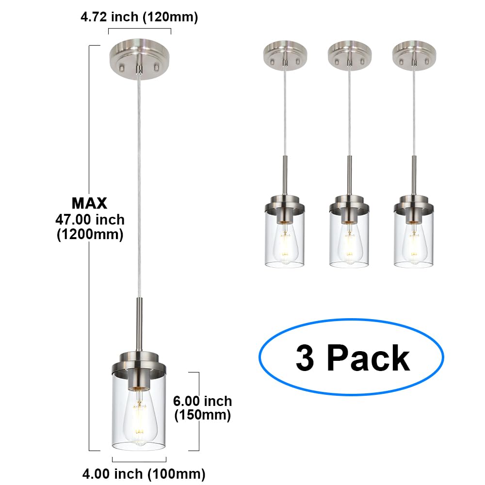 Melucee 3 Pack Hanging Pendant Lighting Fixtures Brushed Nickel  Adjustable Hanging Ceiling Lamp With Clear Glass Shade  Modern Pendant Light For Kitchen Island Dining Room Hallway