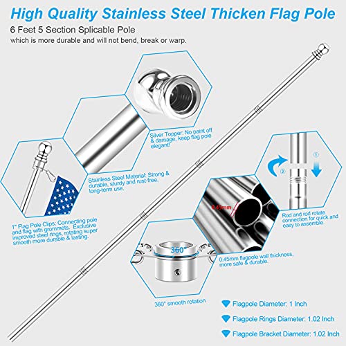 6 FT Flag Pole Kit with Mutil-Position Adjustable Bracket & Metal Tangle Free Flagpole Rings, 1" Thicken Stainless Steel O...