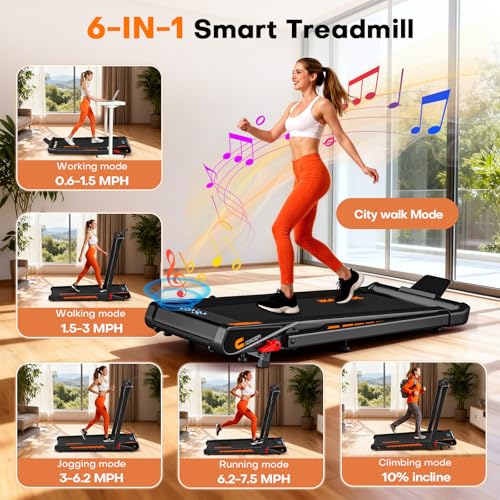 Treadmill with Speaker, 6-in-1 7.5MPH Foldable Treadmill for Home with App Compatible, Walking Pad with 10% Incline, LED D...