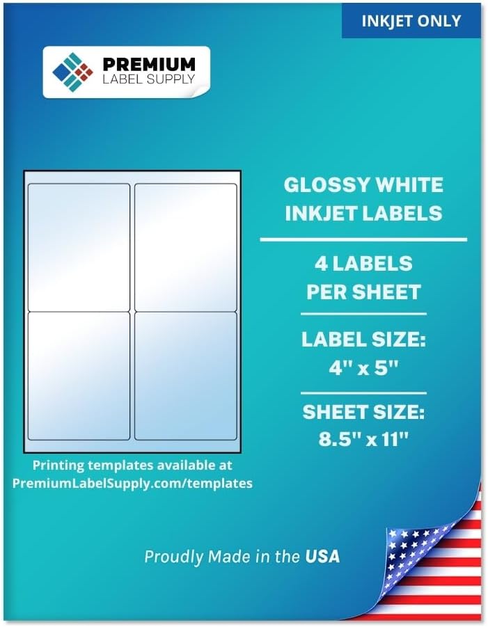 Premium Label Supply Glossy White Sticker Labels – 4" x 5" – (4 per Sheet) (Glossy White for Inkjet Only, 400 Labels)