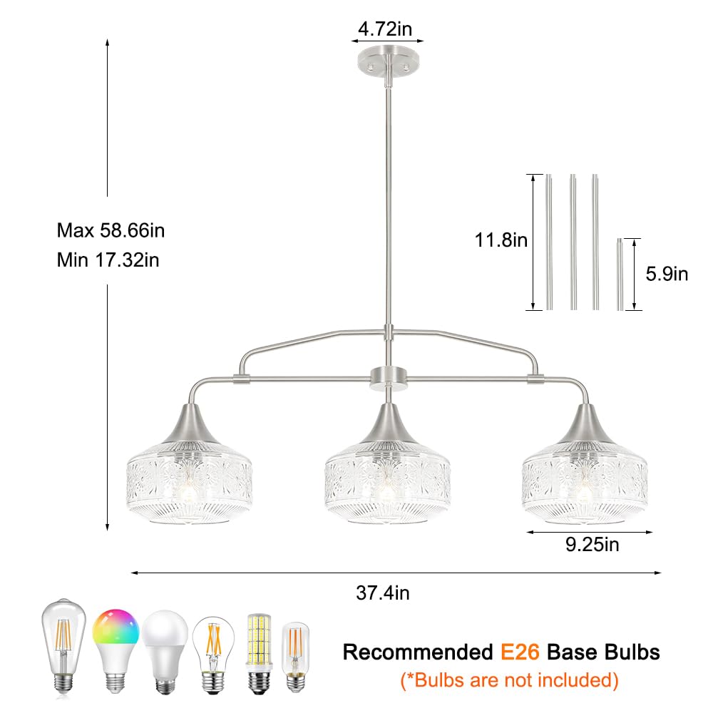 3-Light Island Light For Kitchen  Adjustable Farmhouse Kitchen Island Lighting With Clear Glass  Brushed Nickel Dining Room Light Fixture Over Table  Linear Chandelier Pendant Lighting Over Sink