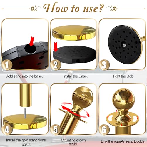 4PCS Gold Stanchions Posts with 3PCS 5 ft Red Velvet Rope, Red Velvet Rope Stanchion Set Crowd Control Barriers, Stanchion...