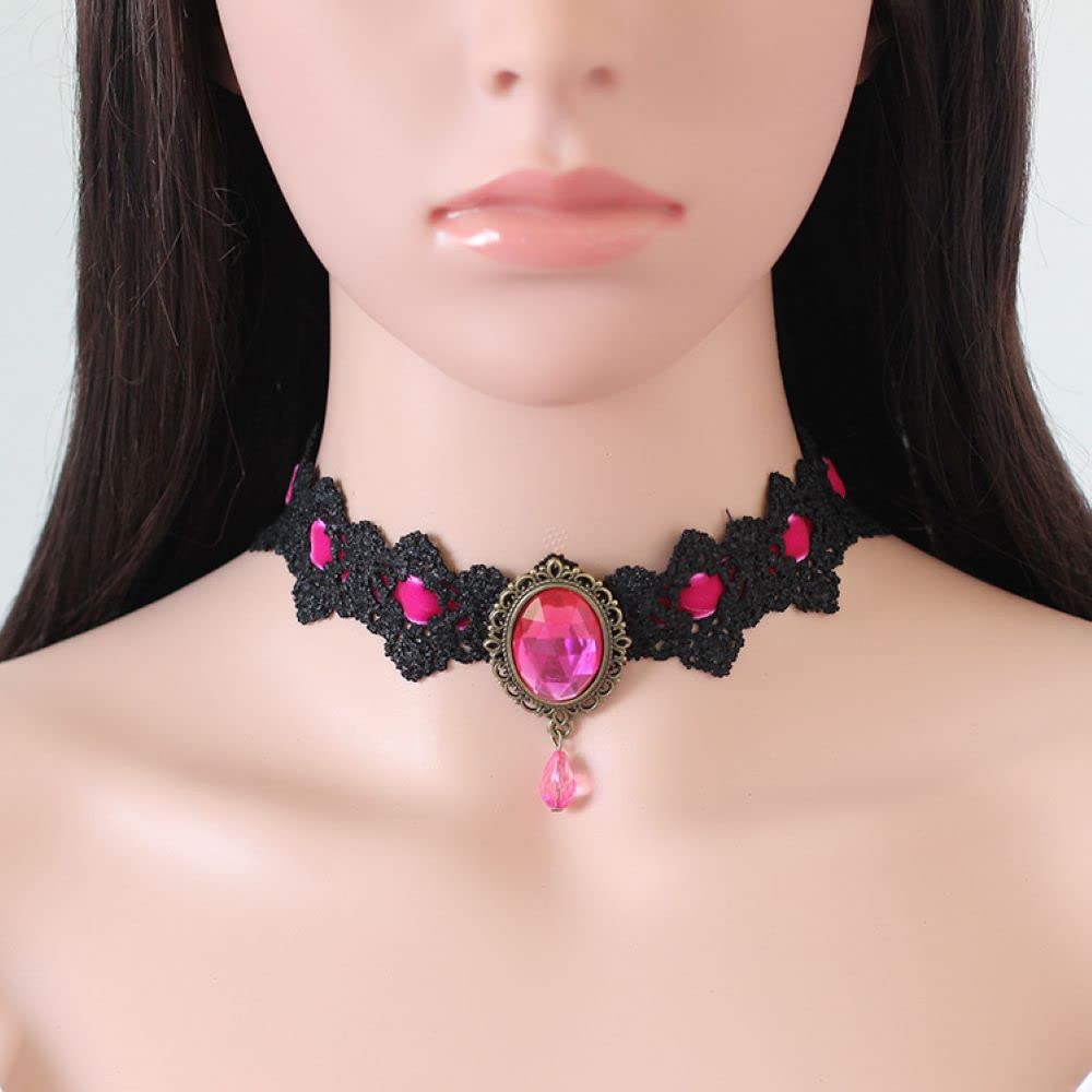 AOCHEE Black Lace Choker Necklace Lace Gothic Choker for Women for Halloween Weeding Costume Party Prom Vampire Choker (Pink)