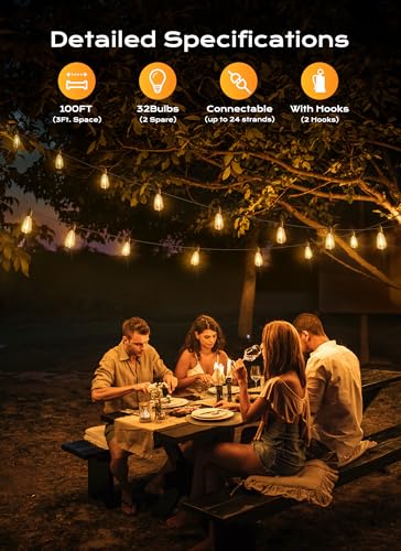 Brightown Outdoor String Lights Patio Lights, 100FT ST38 Shatterproof Dimmable Waterproof Connectable LED Christmas Light...