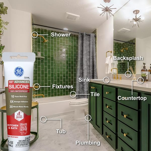 GE Advanced Silicone Caulk for Kitchen & Bathroom, White, 2.8 fl oz Tube, 1 Pack - 100% Waterproof Silicone Sealant, 5X Stronger Adhesion, Shrink & Crack Proof