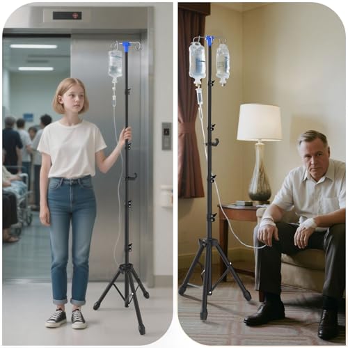 Foldable IV Pole Stand, Portable Telescoping Floor Stand with 4 Hooks, Height Adjustable, Travel Infusion Pole for Home Ca...
