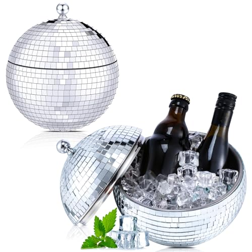 Hoolerry 2L Disco Ball Ice Bucket for Cocktail Bar Retro 70s Barware Mirror Silver Disco Beverage Vase Bowl Drink Barrel D...