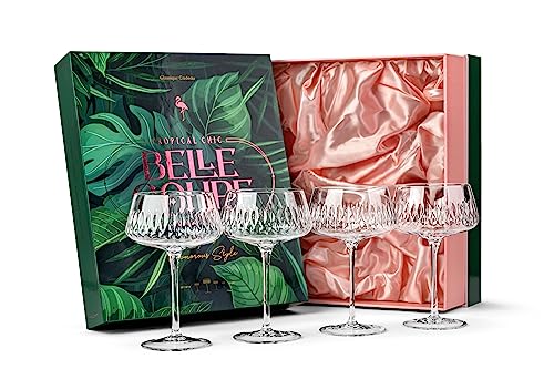 Vintage Flamingo Belle Coupe Glasses for Cocktails and Champagne | Set of 4 | 12 oz Crystal Retro Style Stemmed Saucers fo...