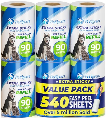 PetLovers Extra Sticky Lint Roller 6 Pack of Refills Only - No Handle Included - 90 Sheets Per Refill 540 Sheets Total