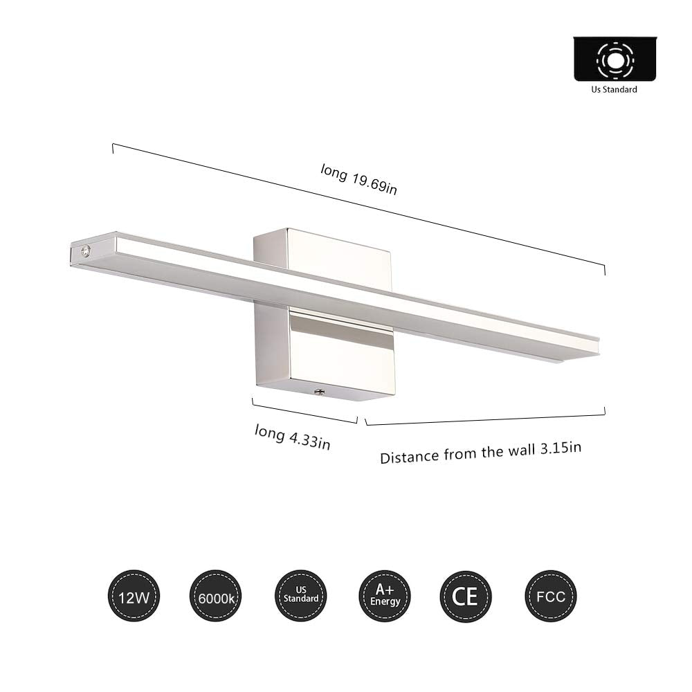 Brivolart Led Vanity Light Bar, 20 Inch Chrome Bathroom Fixture, 12W Acrylic Over Mirror Lighting, Model 6420