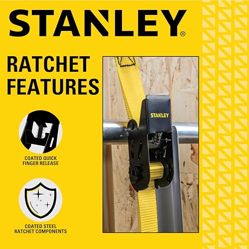 STANLEY S9500 Black/Yellow 1" x 10' Ratchet Straps - Light Cargo (300 lb Working Load / 900 lb Break Strength), 4 Pack