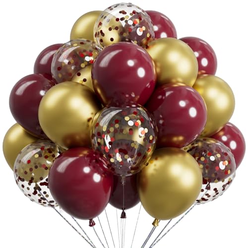 Sulalaboo Metallic Burgundy and Gold Balloons 12 Inch 73PCS Gold Maroon Confetti Latex Balloons Shiny Helium Balloon Set f...
