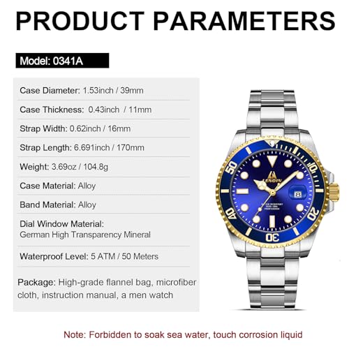 LN LENQIN Mens Watches Stainless Steel Waterproof Analog Quartz Watch for Men with Date Luminous Fashion Wristwatch