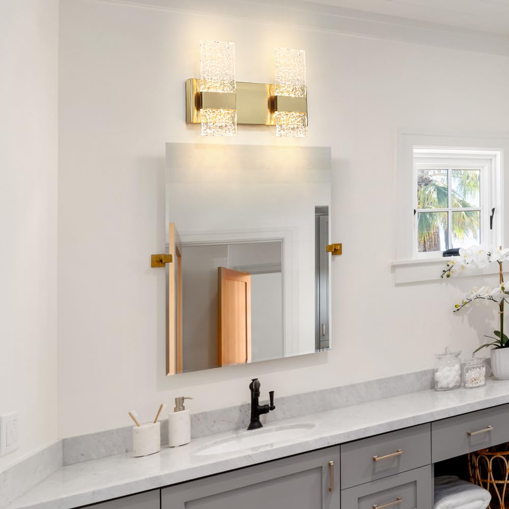 Modern Brushed Gold 4-Lights Bathroom Vanity Light  Eleglant Brass Led Bathroom Light Fixtures Over Mirror  Dimmable Acrylic Shade Wall Lighting Fixtures  Hardwired Wall Light(H9.25In  L13.78In)