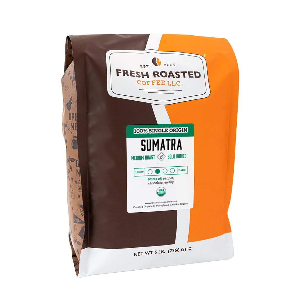 Fresh Roasted Coffee, Organic Sumatra | 100% Single Origin, USDA Organic, Kosher | Medium Roast 5 lb (80 oz) Whole Bean
