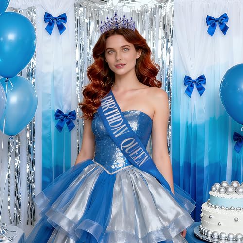 COCIDE Blue Birthday Queen Sash for Women Happy Birthday Crowns Princess Tiaras Sashes for Girl Crystal Party Decorations ...