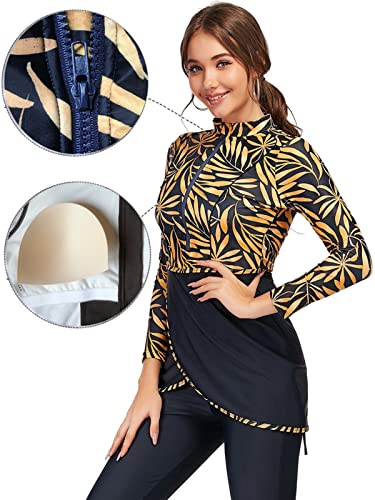 HOKFDC Women Full Covered Swimwear Modest Muslim Swimsuits 3 Pieces Islamic Long Sleeve Burkini with Swimming Cap