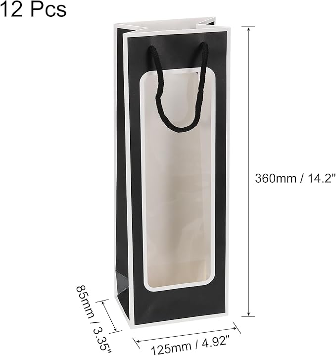uxcell Wine Bags, 12pcs 4.92"x3.35"x14.2" Wine Gift Bags with Rope Handles, Paper Wine Tote Bag with Clear Window for Wedding Birthday Christmas Party Supplies, Black White