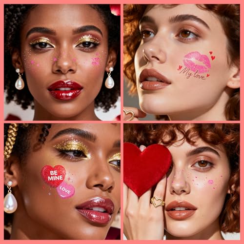 Cerlaza Valentines Day Accessories, 40 Pcs Valentines Temporary Tattoos Heart Glitter Freckles Face Stickers Makeup for Wo...