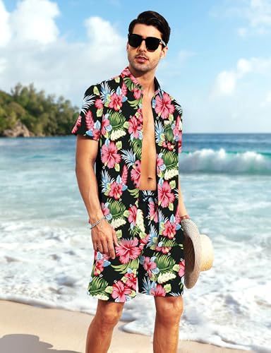 YTD Mens Flower Hawaiian 2 Piece Outfit Sets Short Sleeve Beach Casual Button Down Shirt and Shorts Suits