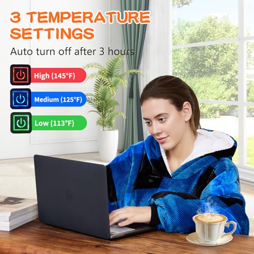 Junbig Wearable Heated Blanket Hoodie, USB Heated 3 Heating Levels and Overheat Protection Flannel and Sherpa Soft Heated ...