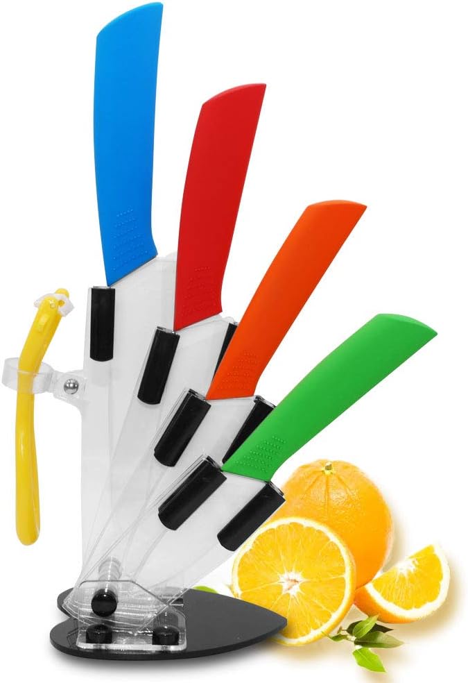 Color Ceramic Kitchen Knife Set,5-Piece Professional Knife Set with Acrylic Block Stand,6"Chef Knife,4"Fruit Knife,Knife+Vegetable Fruit Peeler,Ultra Sharp Edge,Rust Proof And Stain Resistant…
