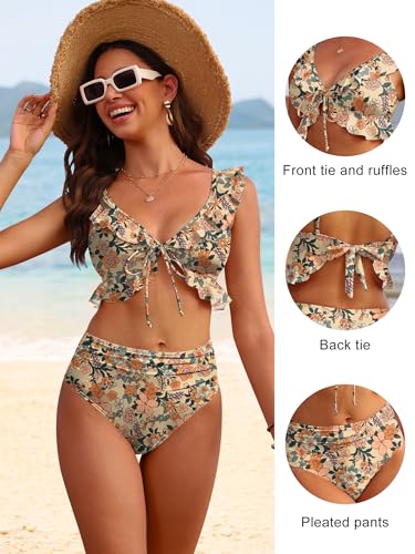 ANRABESS Women High Waisted Bikini Sets Two Piece Ruffled Self Tie Swimsuit Ruched Bathing Suit 2026 Summer Beach Swimwear