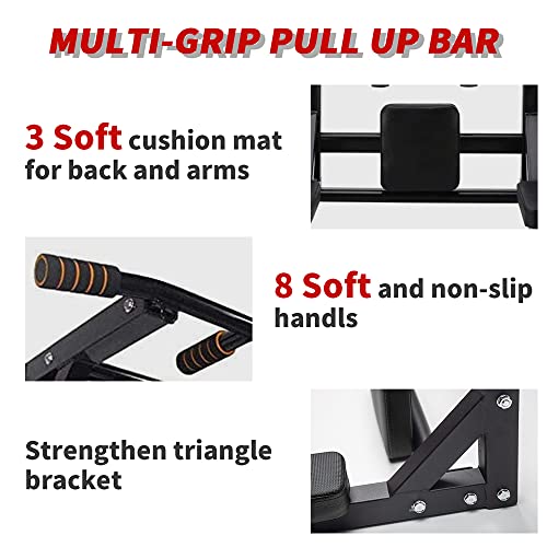 ptlsy Wall Mounted Pull Up Bar Multifunctional with Multi-grip Chin Up Bar Heavy Duty Dip Station for Home Gym Indoor Work...
