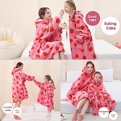 Aemicion Strawberry Blanket Hoodie,Oversized Sherpa Wearable Hooded Blanket,Warm Cozy Sweatshirt Gifts for Women Girls Adult