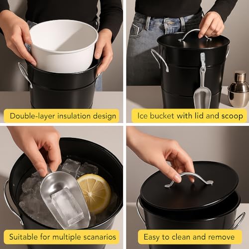 Insulated Ice Bucket with Lid Scoop Handle for Parties Cocktail Bar, 4L Round Mental Champagne Drink Wine Bucket for Drink...